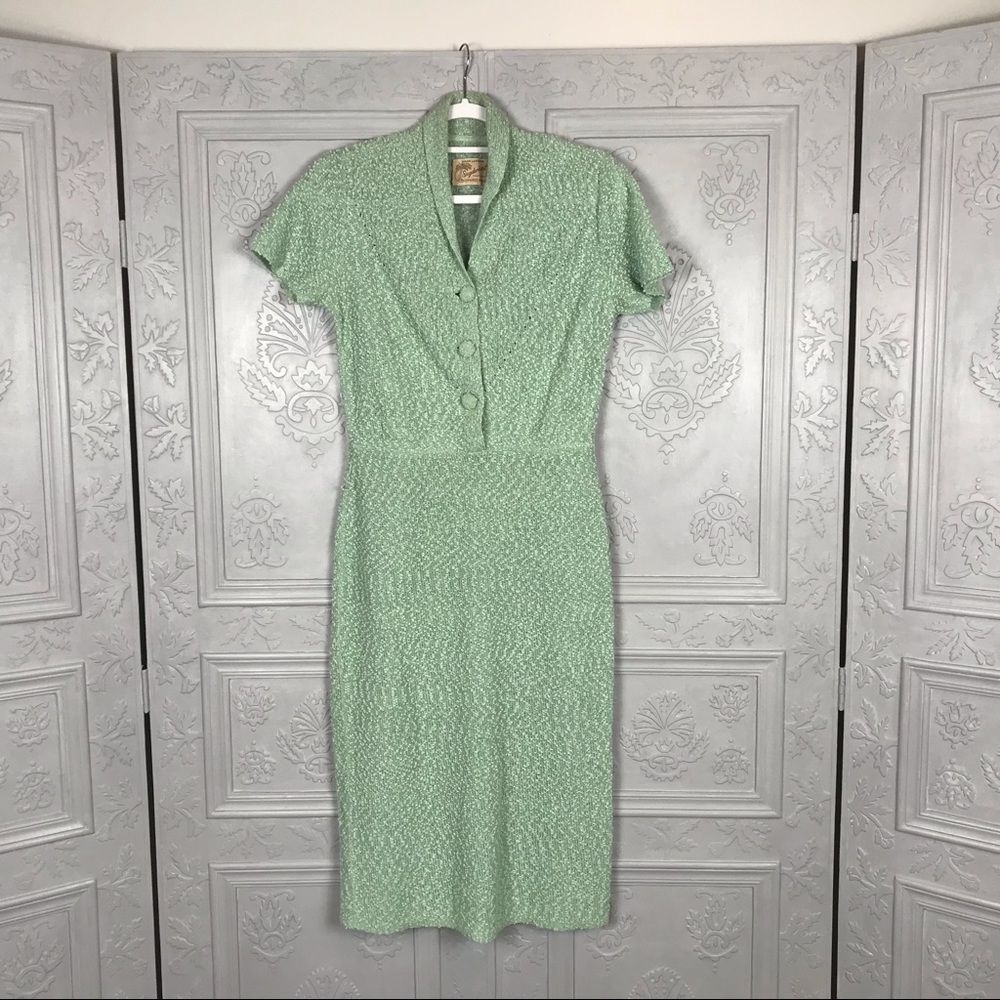 Vintage Snyderknit Sports Wear Hand Loomed Mint Green Dress with Button Front